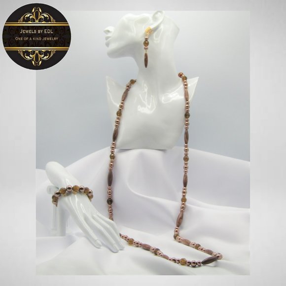 Long Brown Beaded Jewelry Set - Picture 1 of 6